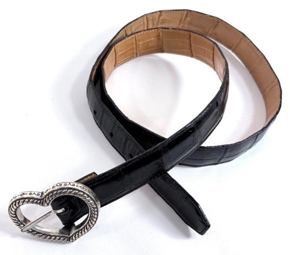 Vtg Brighton Modern Western Belt Silver Heart Buckle Black Croc Leather Sz 32/34